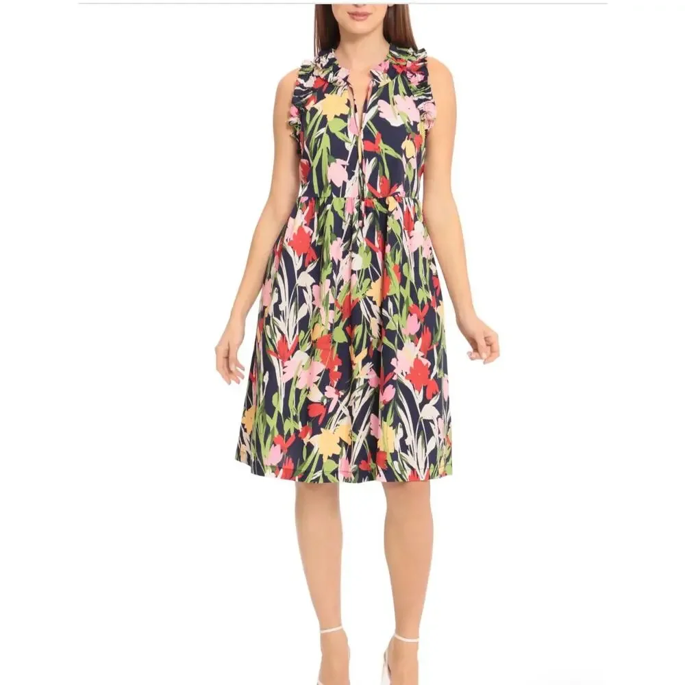 Maggy London | Ruffle Details Stretch Cotton Trapeze Dress | size 6 - Picture 1 of 6